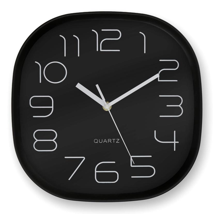Minimalistische, moderne Wanduhr mit runden Ecken, schwarz | 29x29 cm