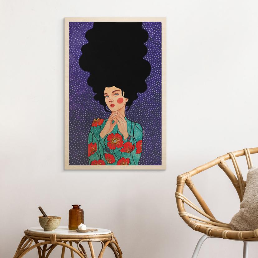 Stampa su legno di una donna vestita di papavero - Hülya