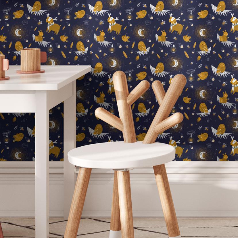 Carta da parati a motivi per la camera dei bambini - Animali della foresta di notte - UN Designs