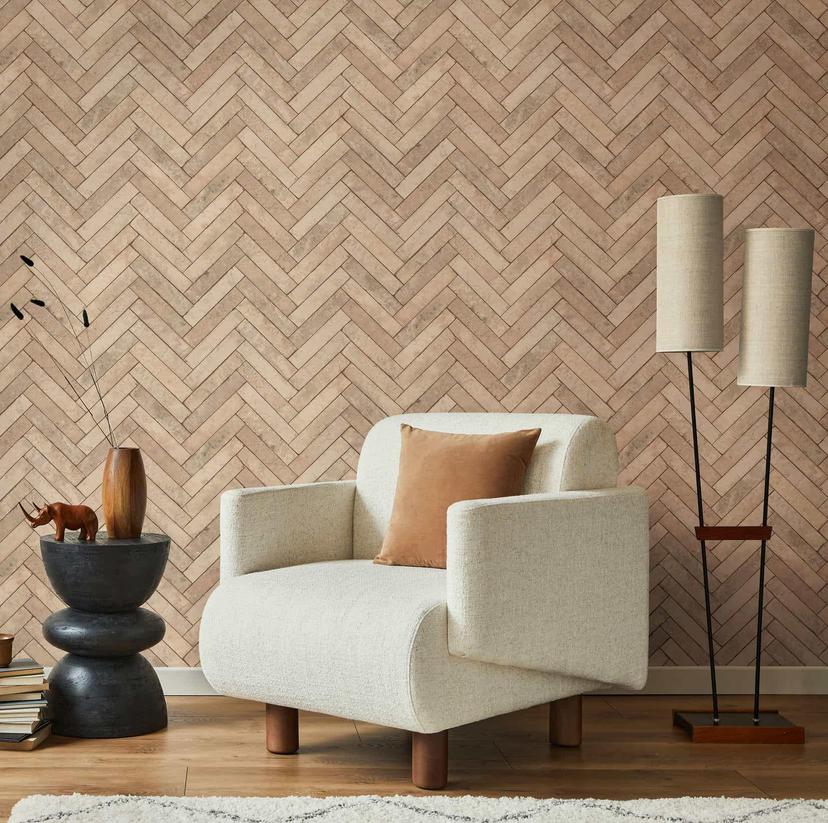 non-woven tapet med sildebensmønster beige steneffekt