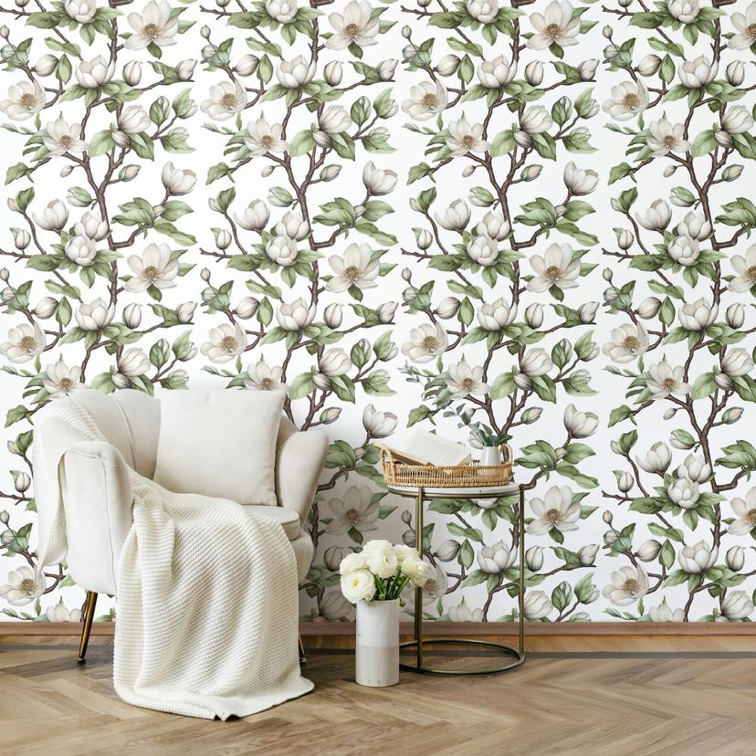 Icke-vävd tapet grenar, blommor blommig natur vit grön