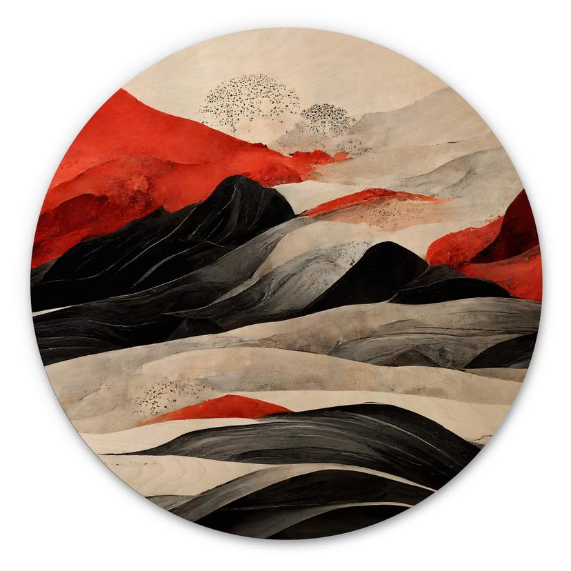 Cuadro de madera Treechild - Montañas rojas en estilo Japandi - Redondo