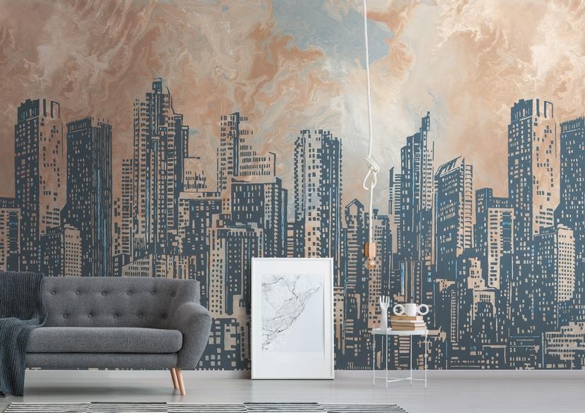 tapet skyline orange grå - non-woven tapet arkitektur Livingwalls - mat og glat