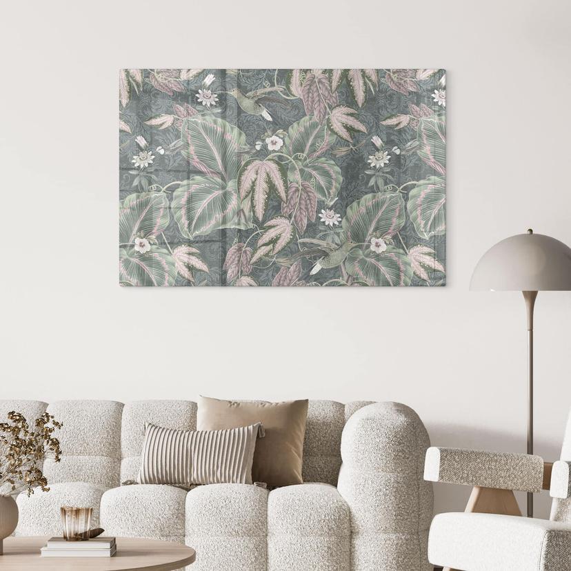Stampa su vetro Jungle con colibrì in una foresta tropicale - Bloomery Decor