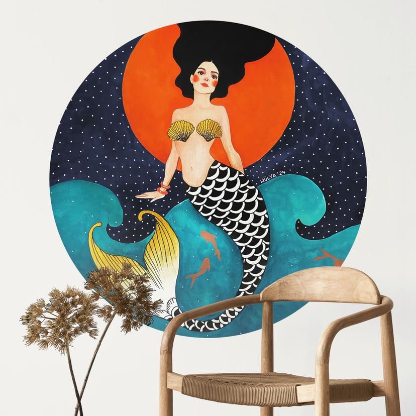 Havfrue i rødt måneskin Wallsticker - Hülya - Rund