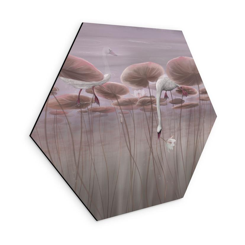 Hexagon Wandbild Lotusblumen mit Schwan im Wasser in Altrosa - Ms Tiff - Alu-Dibond