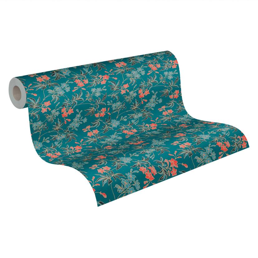 Blümchen-Tapete mit Blüten Rot Blau - Blumen-Mustertapete modern - Vliestapete floral