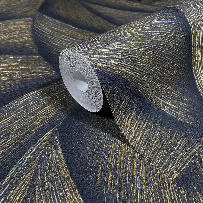 Vliesbehang in zwart, goud 3D-look golvend grafisch modern