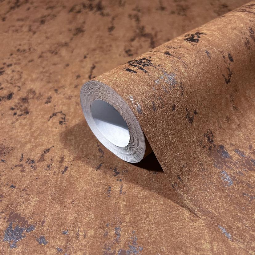 Papel pintado no tejido con aspecto de hormigón marrón brillante y de textura gruesa