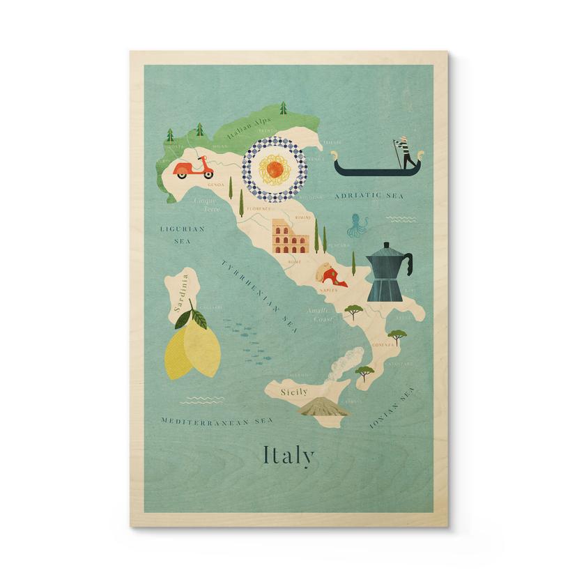 Træplakat Kort over Italien - Rivers