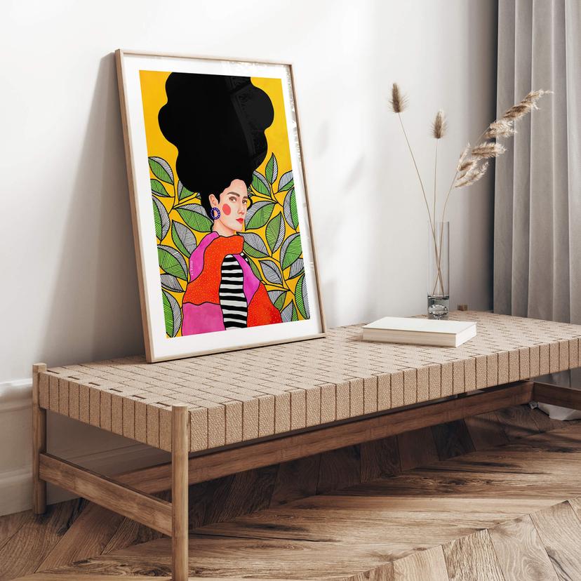 Poster Woman with green and white leaves - Hülya