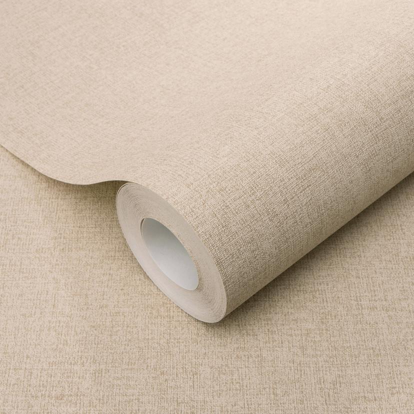 Carta da parati beige a tinta unita in tessuto non tessuto con una fine trama di lino, sottilmente m