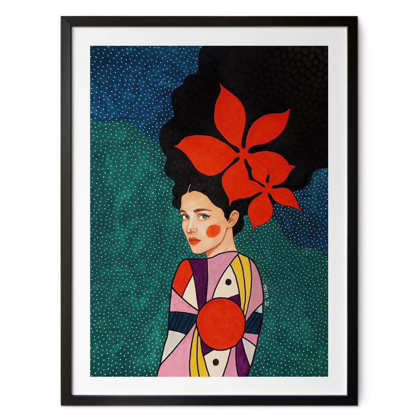 Póster de mujer con flores rojas y vestido estampado - Hülya