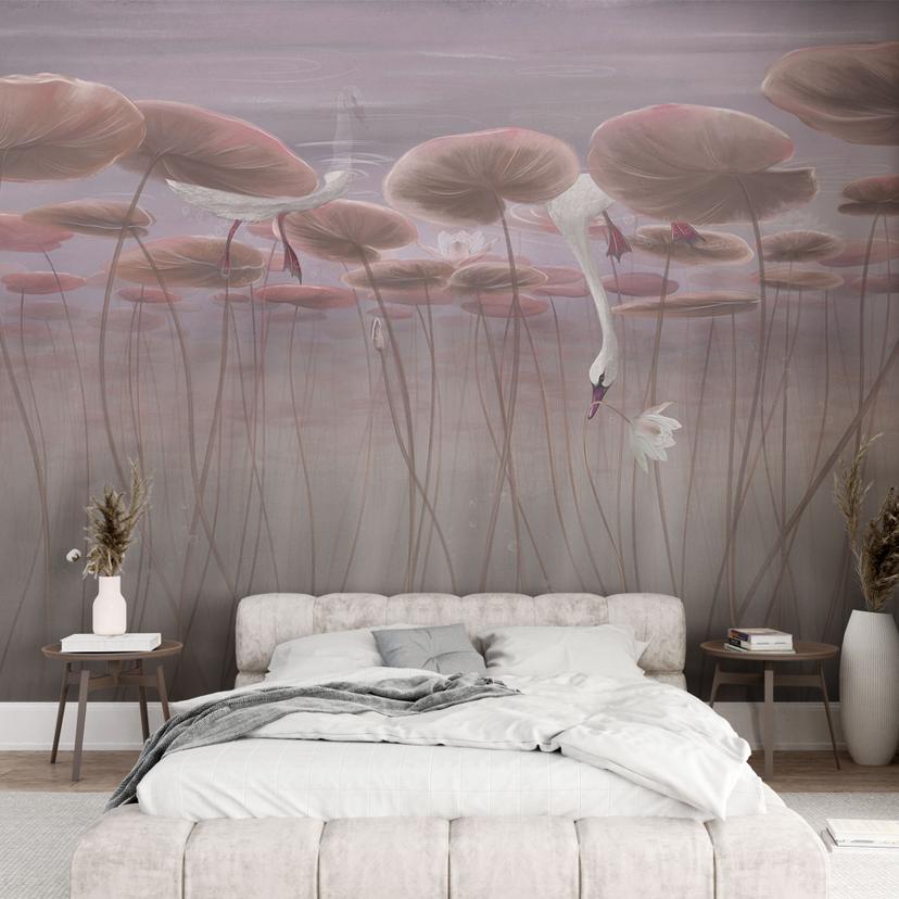 Natuur Fotobehang lotusbloemen met zwaan in het water in donkerroze - Ms Tiff