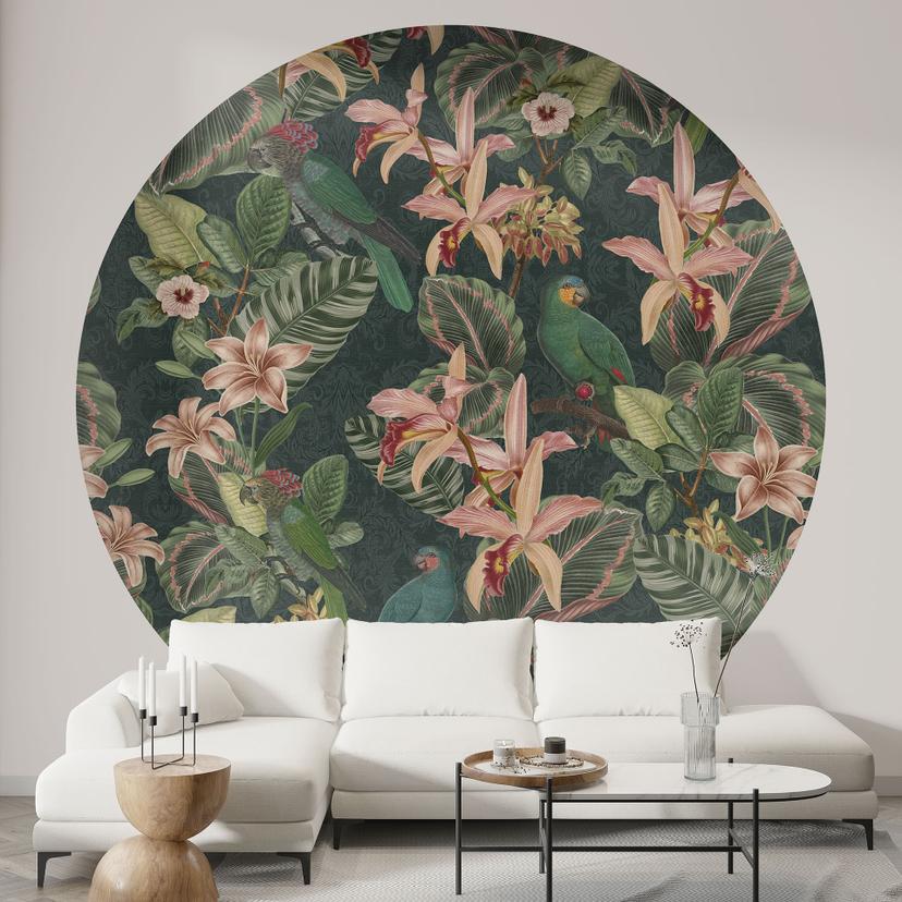 Papier peint photo jungle avec perroquets vert nuit - Bloomery Decor - rond - adhésif/non tissé