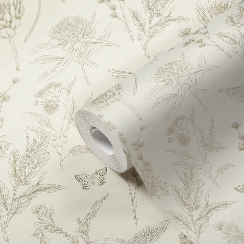 Papel pintado no tejido con flores y pájaros blanco verde - papel pintado floral en estilo dibujo