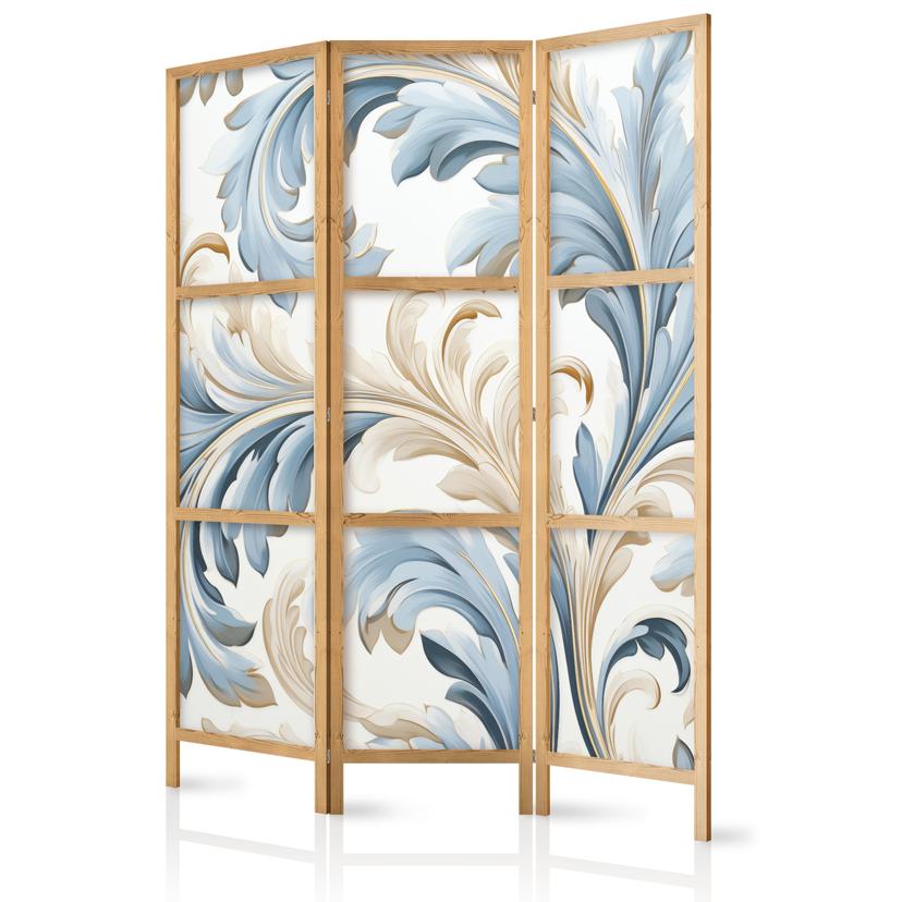 Japanischer Paravent, Raumteiler freistehend, Trennwand - Baroque Ornaments in Light - Cream-Blue Co