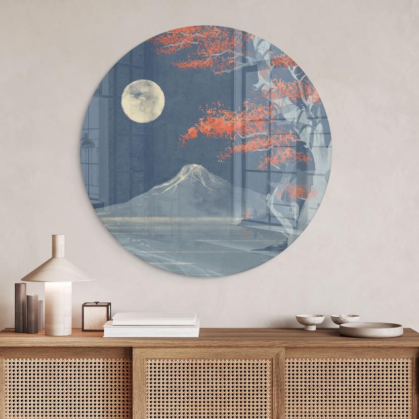 Stampa su vetro Luna piena sulla cima del Fuji-san - Roze - Round