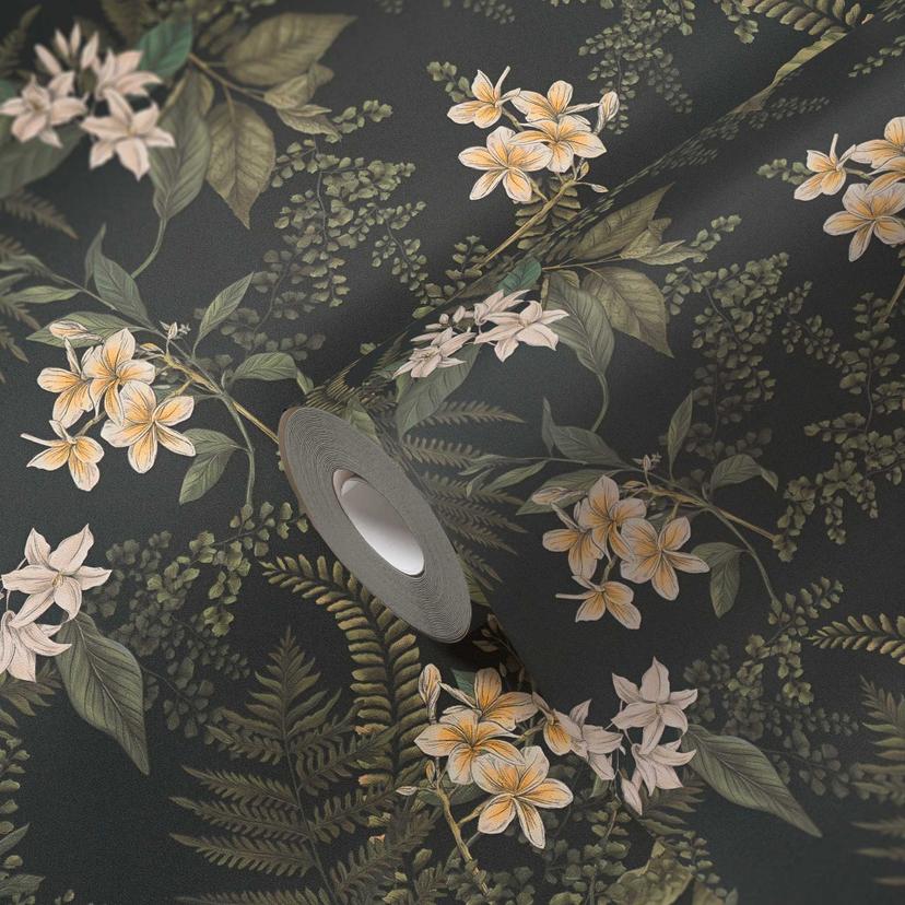 Papel pintado vegetal con flores negro verde - papel pintado no tejido con motivos florales