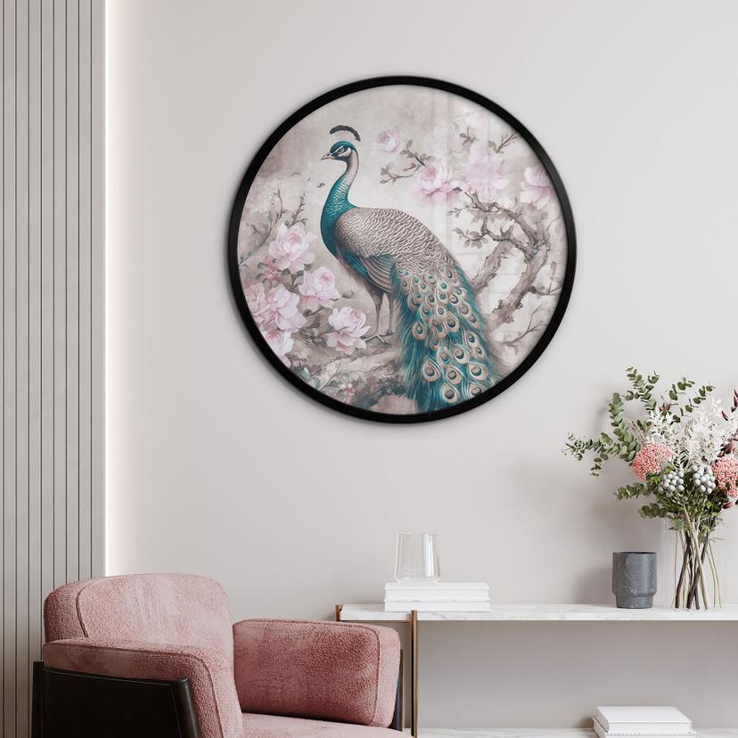 Poster Ädel påfågel med blommor - Haase - Rund