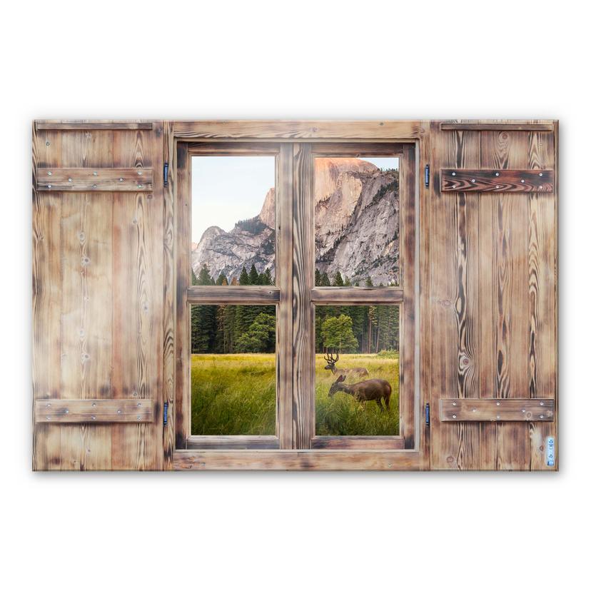 Trompe L'oeil op glas - Deer in a Mountain Valley