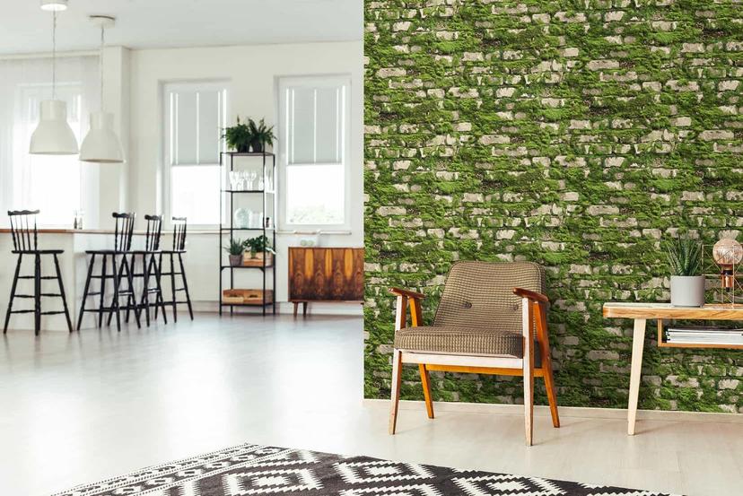 Non-woven tapet i realistisk stenlook med mosgrøn steneffekt