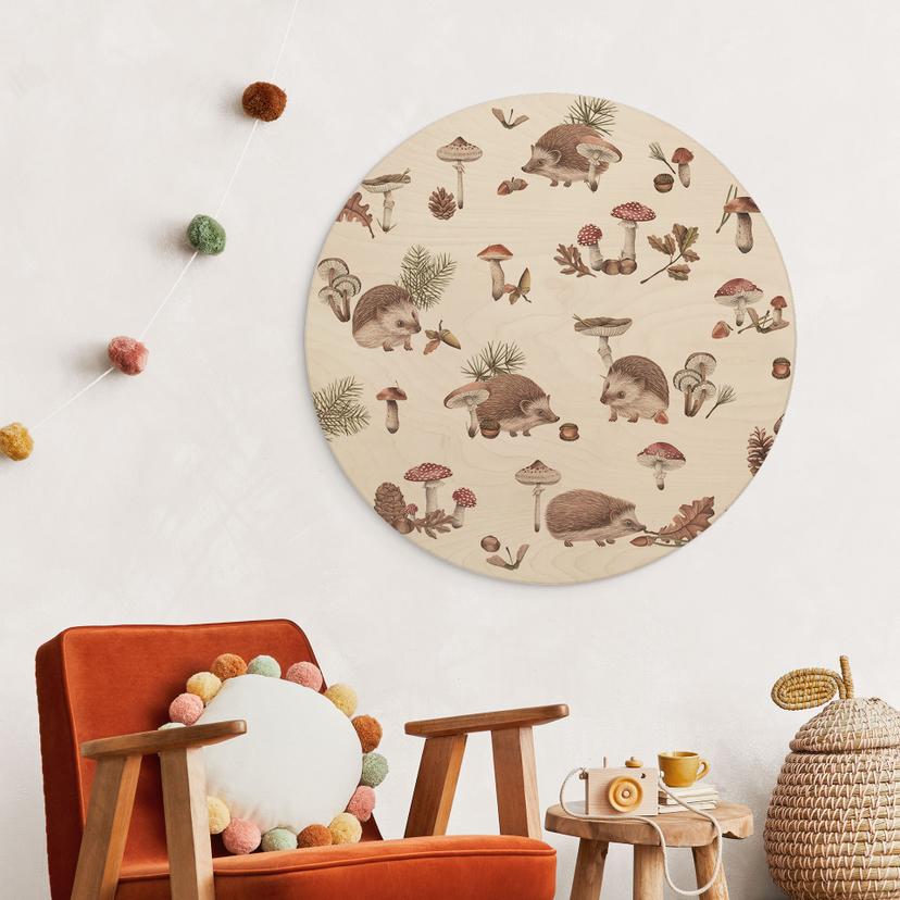 Stampa su legno Ricci dolci nella foresta autunnale - Kikki Belle - Tondo