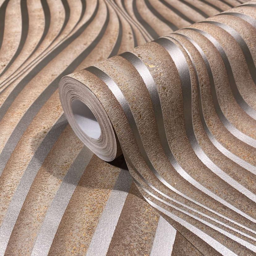 Papel pintado no tejido con rayas curvas brillantes Muestra marrón