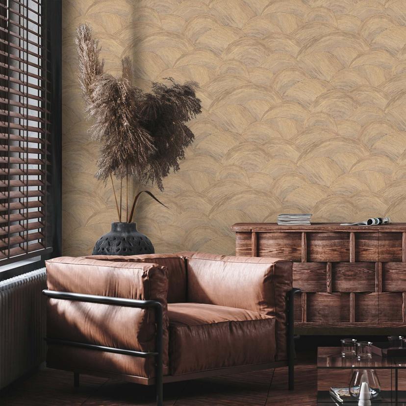 Papel pintado ondulado beige, marrón, dorado - papel pintado moderno brillante para la cocina