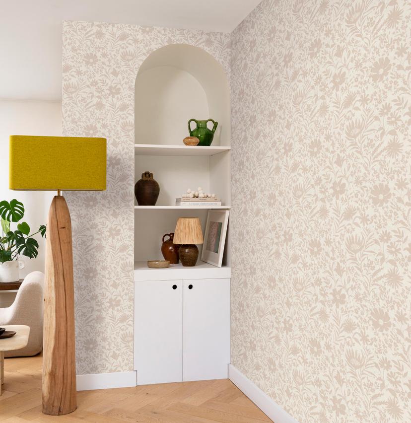 Blomstret og ikke-vævet tapet Paraiso beige