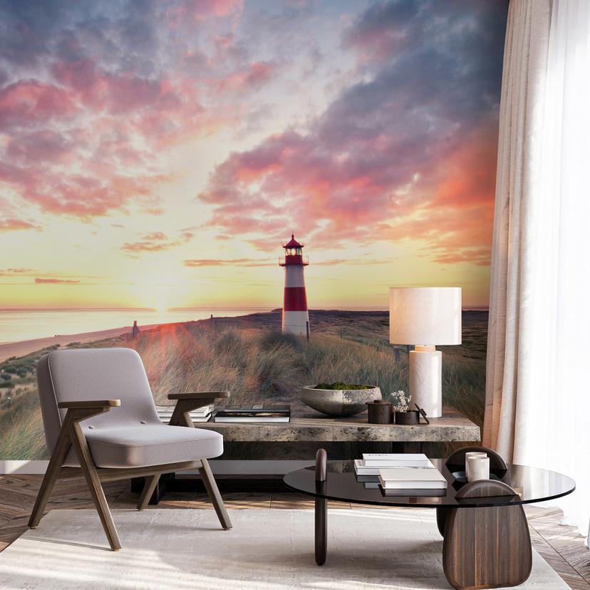 Fototapet solnedgang rosa blå - Ikke-vævet tapet 3,75 m x 2,50 m kystmotiv