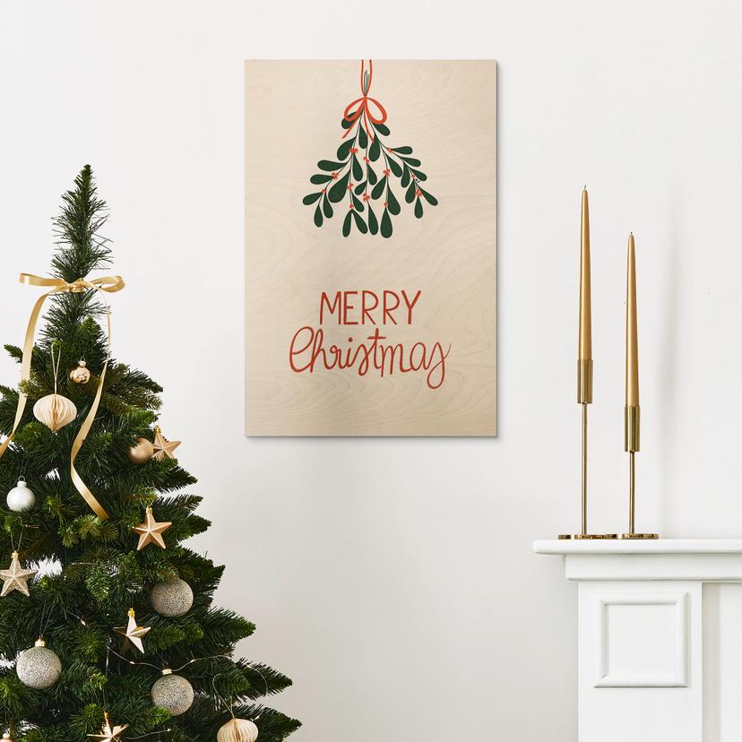 Houten Wanddecoratie Vrolijk kerstfeest met maretak - Menina Lisboa