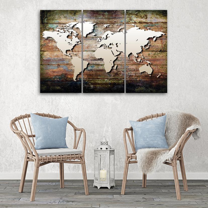 Stampa su tela 3 pezzi, mappa del mondo vintage shabby chic