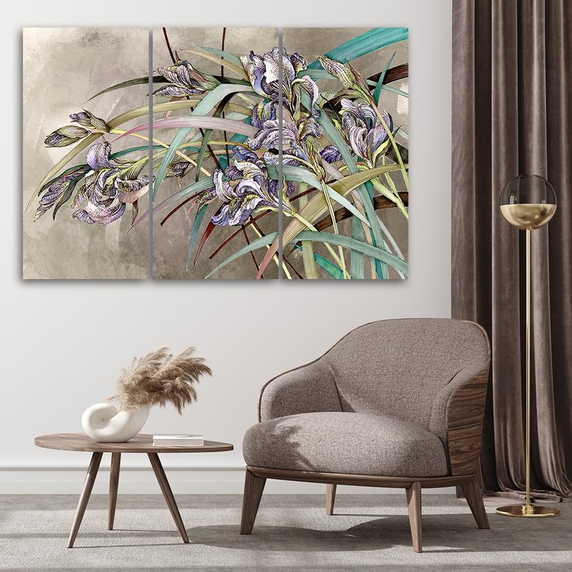 Stampa su tela in 3 pezzi, fiori di iris al vento