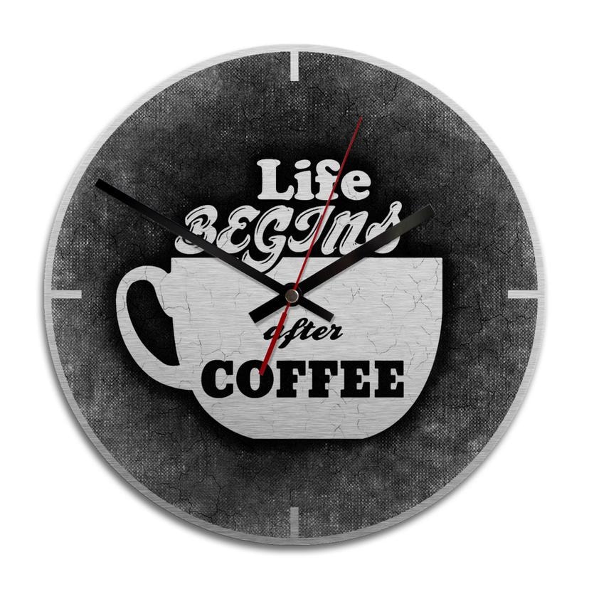 Horloge murale en Alu-Dibond - Argenté - Life begins after coffee