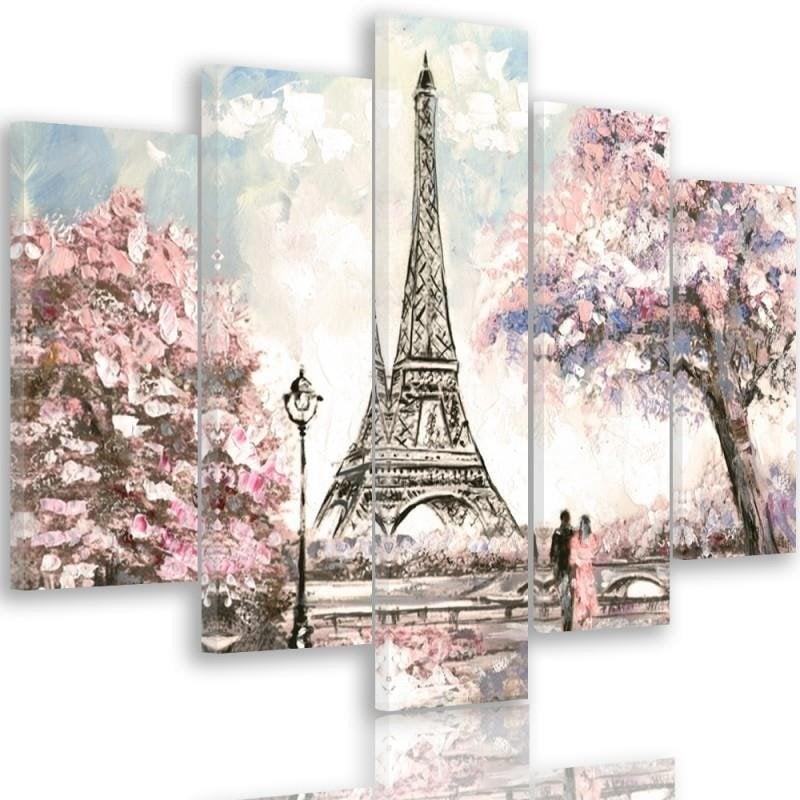 Lærredstryk 5 dele, Paris Eiffeltårnets pastelfarver
