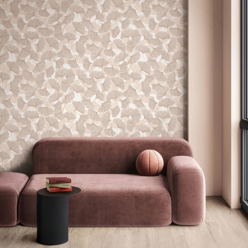 Ikke-vævet tapet 3D, blade blomster natur mat i beige brun