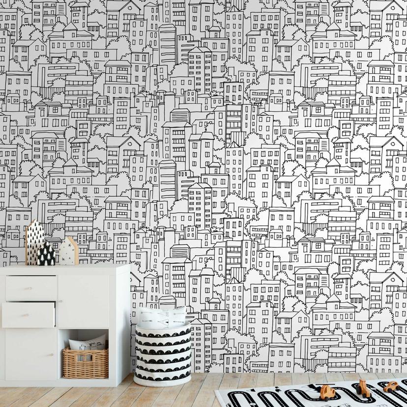 Fototapet med byillustration - non-woven tapet med sort-hvidt mønster - tapet til børneværelset