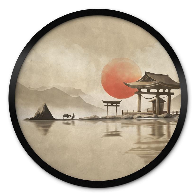 Plakat Japansk tempel ved solopgang - Roze - Round