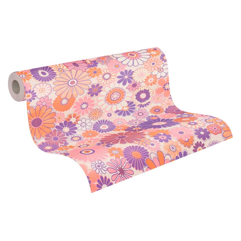 Papel pintado floral violeta naranja - papel pintado floral en estilo retro - papel pintado no tejid