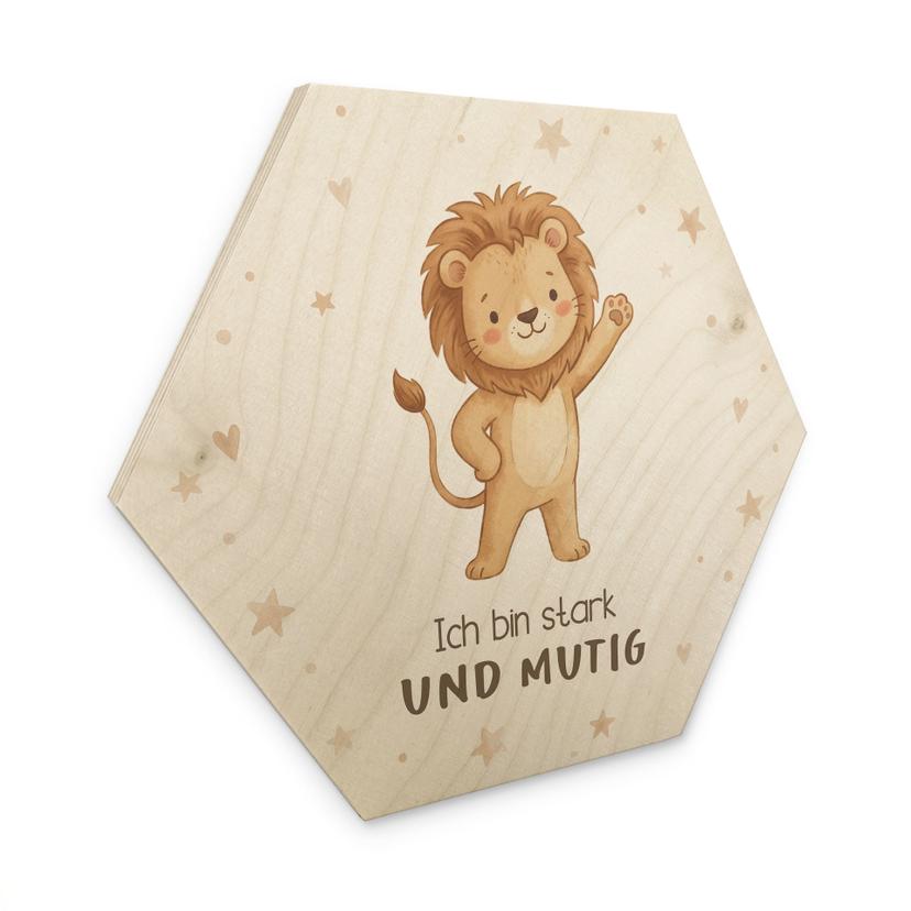 Holzbild Hexagon mit Löwe - Bestärkung 'Ich bin stark und mutig'