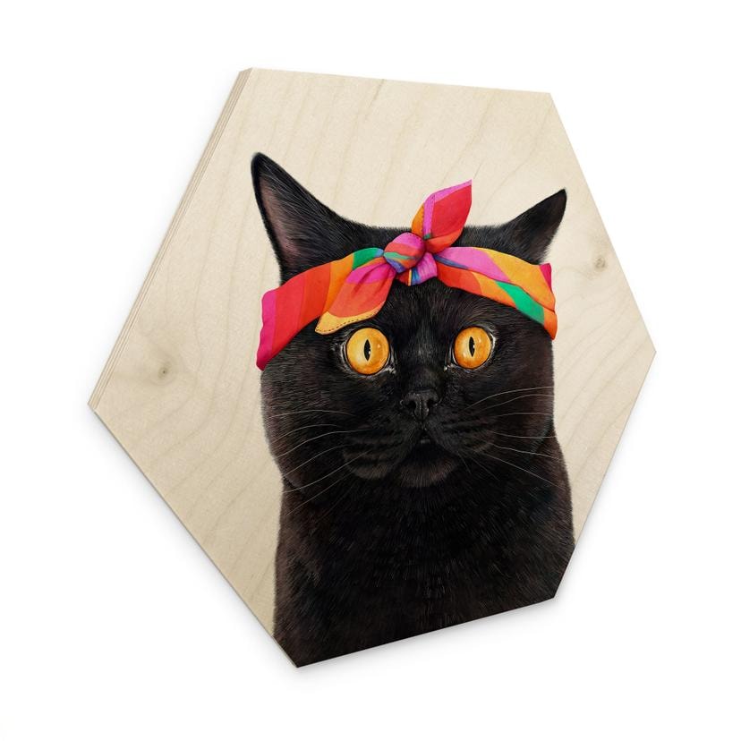 Hexagon Holzbild Schwarze Katze mit Bandana - Korenkova