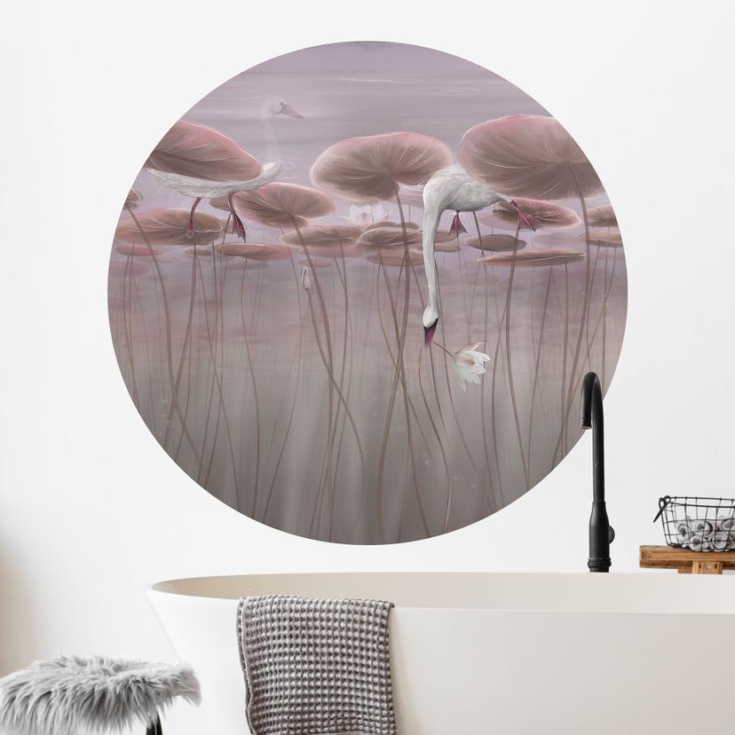 Muursticker lotusbloemen met zwaan in water in donkerroze - Ms Tiff - Rond