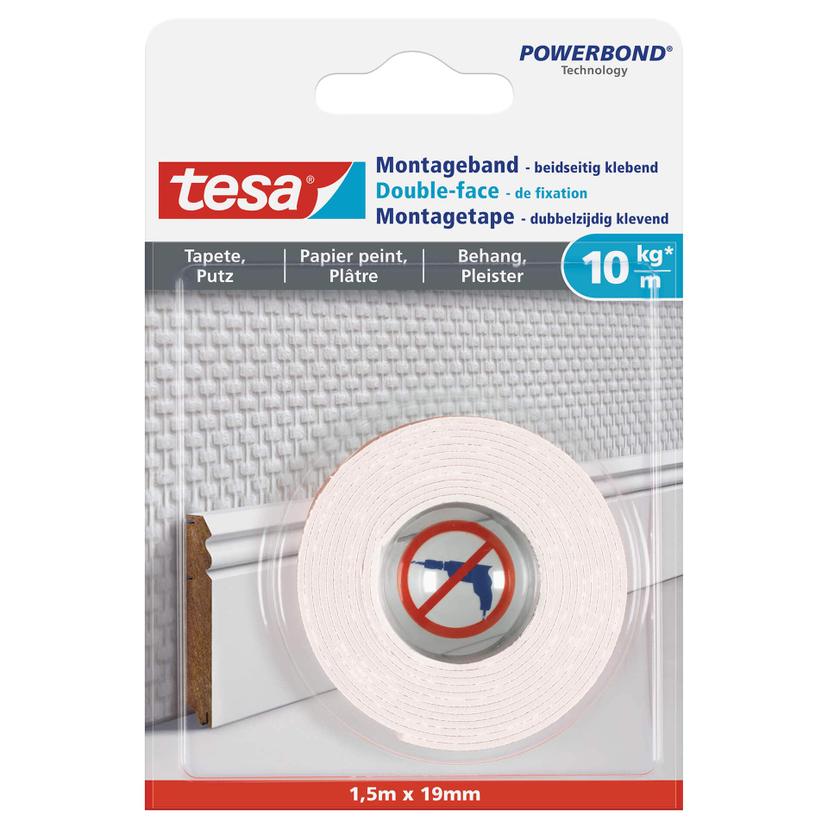 tesa® Monteringstape til tapet og gips (10 kg/m), 1,5 m x 19 mm