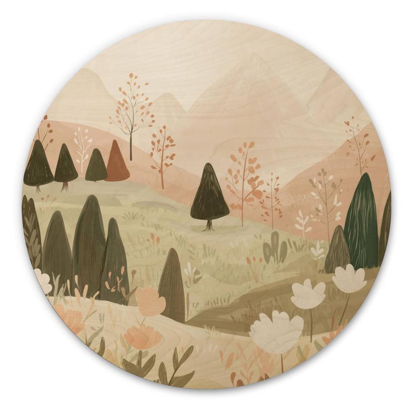 Billede af træ pastelfarvet bjerglandskab med blomster - Treechild - Round