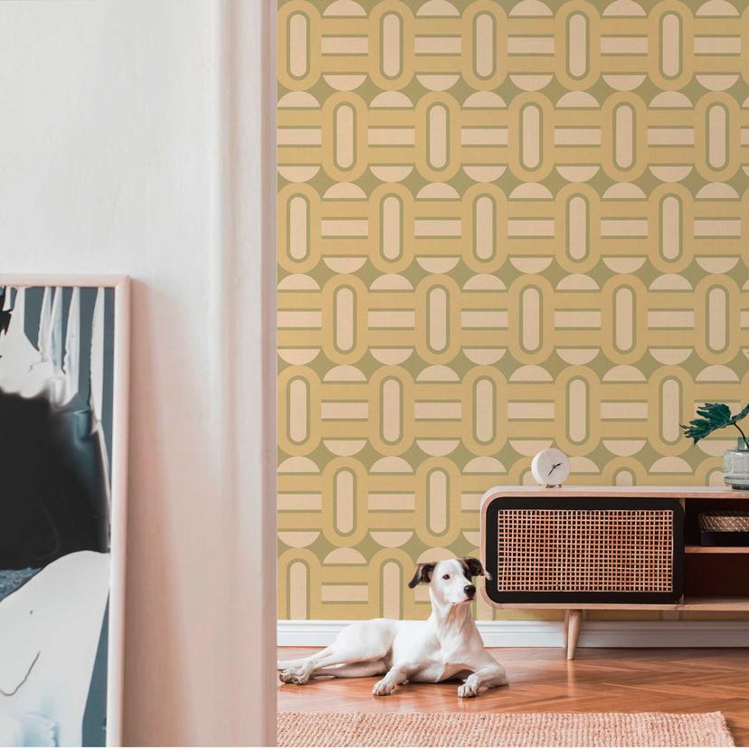 Grafisk tapet grön kräm - vintage non-woven tapet i retrolook - mönstrad tapet