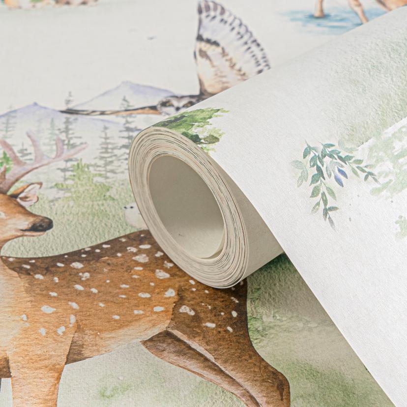 Papel pintado Bosque animal acuarela verde beige - papel pintado Parque infantil animales