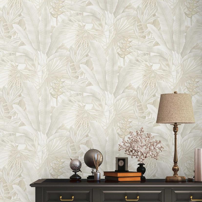 Papier peint à relief de feuilles en crème et blanc - papier peint intissé de haute qualité pour une atmosphère lumineuse