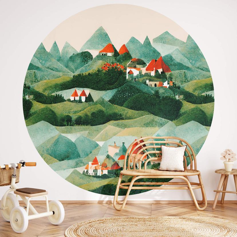 Tapet cirkel Treechild - Small village in the middle of green hills - vliesetapet/selvklæbende non-w