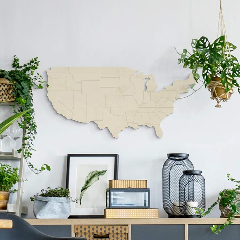 Decoración en madera chopo - Mapa USA con bordes de países